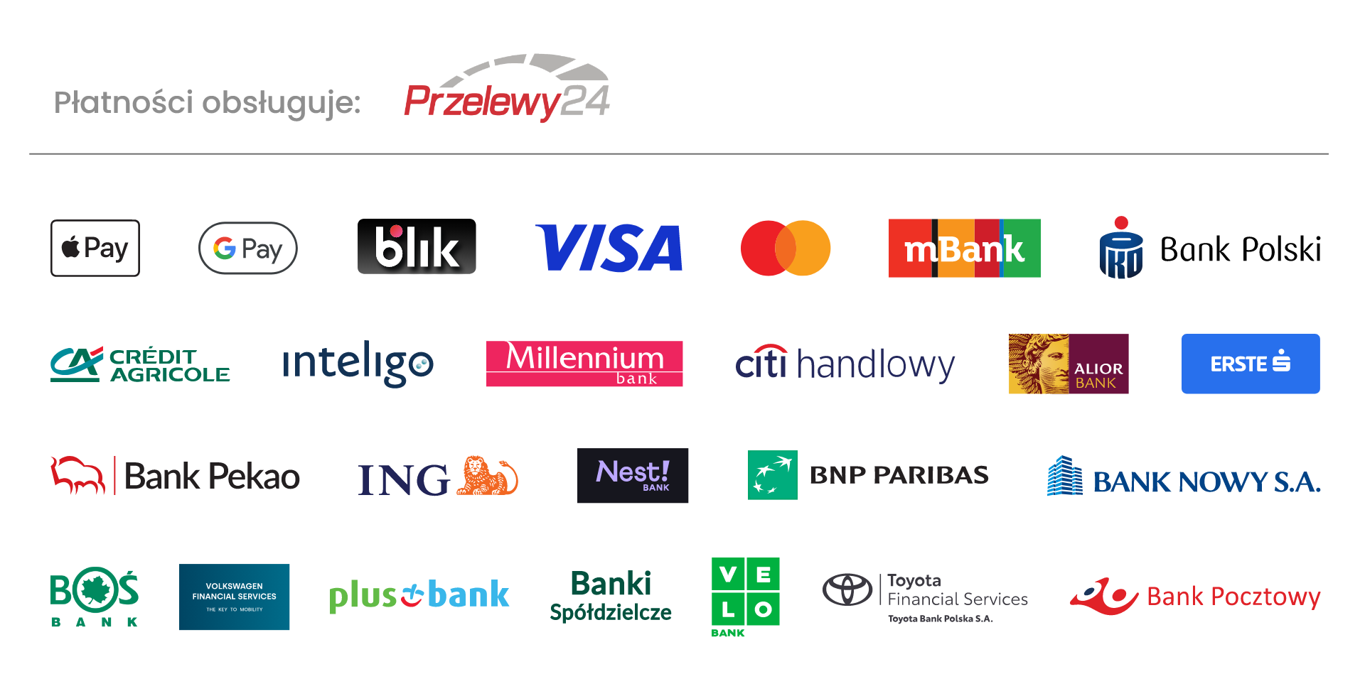 Przelewy24, Visa, Mastercard, BLIK